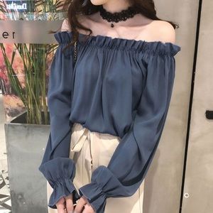 Yesstyle Blue Off Shoulder Ruffle Trim Blouse Size Small